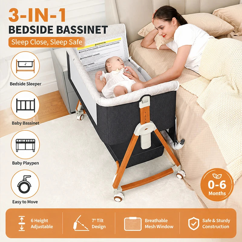 3 In 1 Baby Bassinet Crib With 6 Adjustable Heights Bedside Portable Rocking