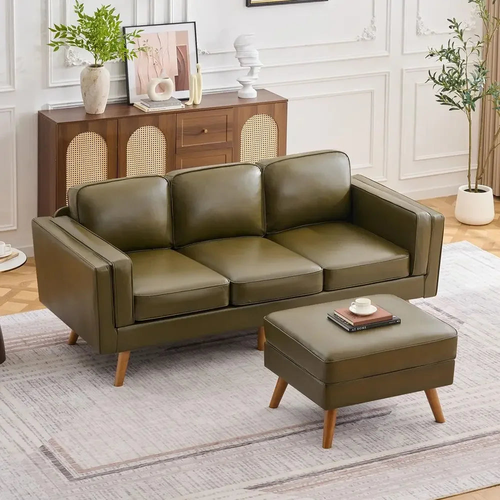 XMSJ Mid Century Modern Faux Leather Sofa Set With Ottoman And Solid Wood Frame