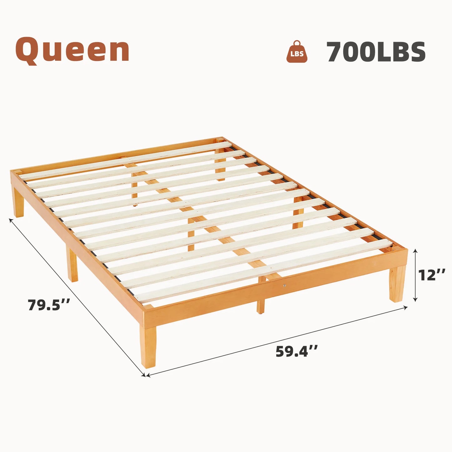 JHK Solid Wood Bed Frame With Sturdy Slat Support EcoFriendly