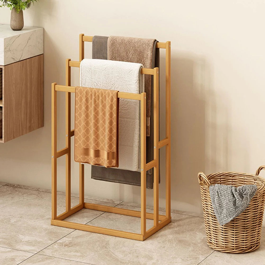 Wooden Vertical Towel Rack With 3 Hanging Crossbars For Bathroom