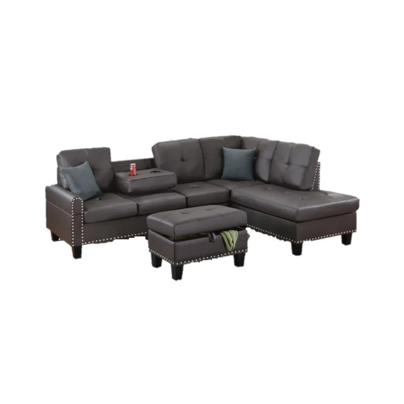 Faux Leather Sofa Set With Storage Footstool And Cup Holder