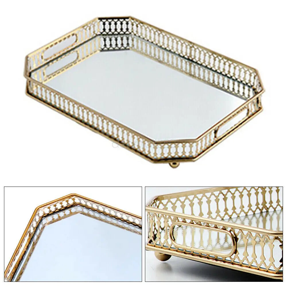 Vintage Metal Mirrored Vanity Tray For Makeup And Jewelry Storage