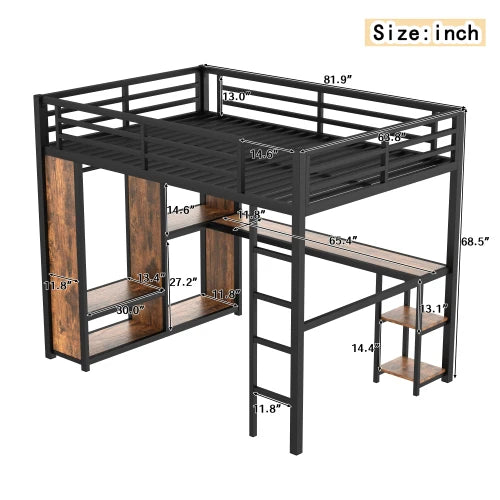 Loft Bed Frame With Builtin Wardrobe Desk And Shelves Woodgrain
