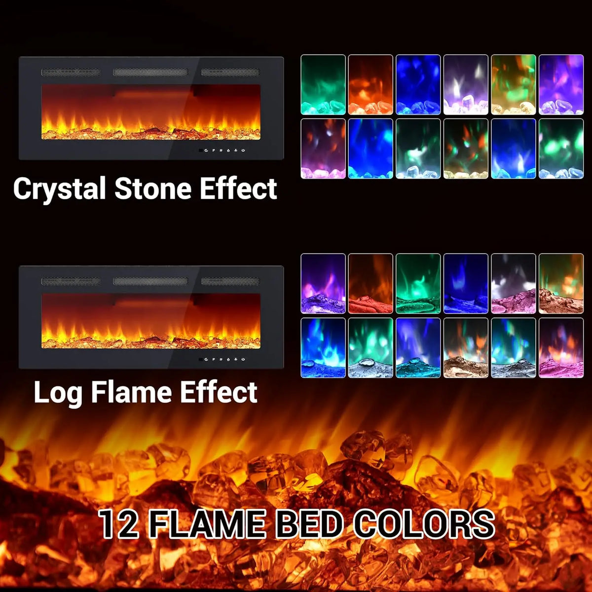 Recessed Electric Fireplace With Adjustable Flame Colors And Touch Screen