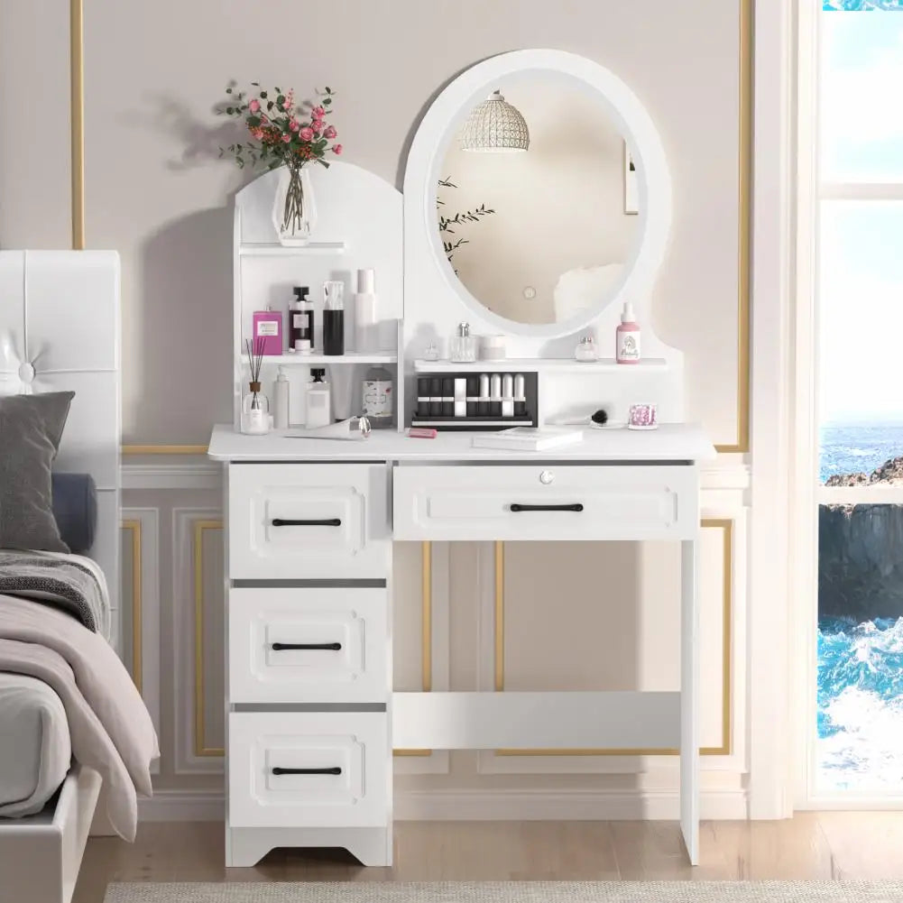 Makeup Table With Light Mirror Open Shelves Vanity