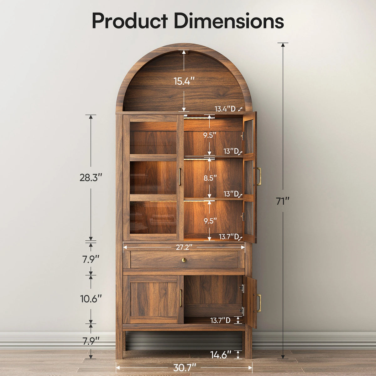 Cottinch Arched Storage Cabinet Adjustable Shelves Dimmable LED Lights