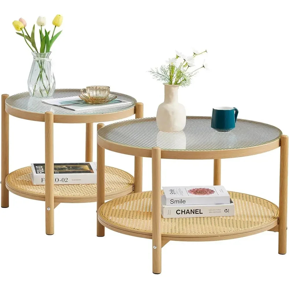 Boho Rattan Coffee Table Set Of 2 For Small Spaces