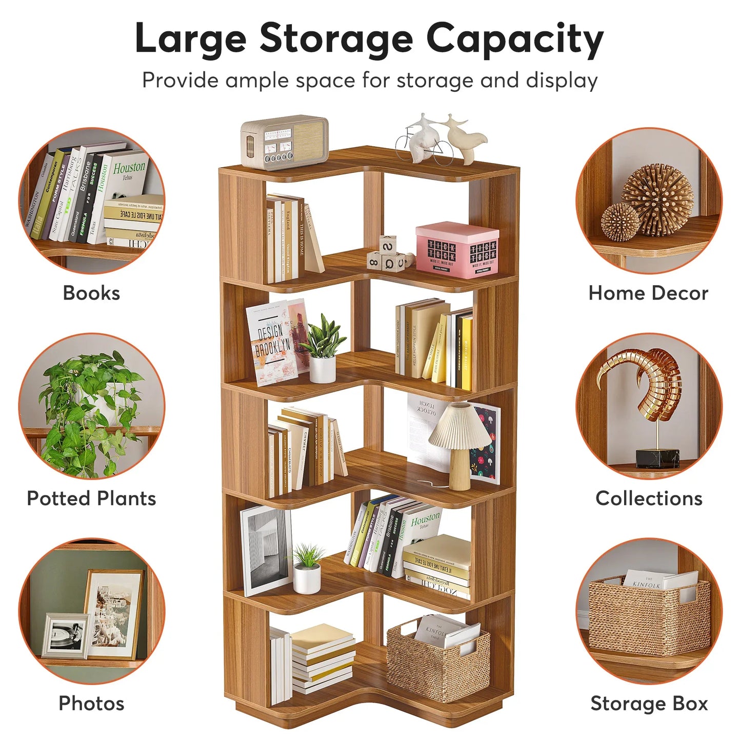 Tribesigns Six Tier Corner Bookshelf With Anti Drop Panel Wood Grain