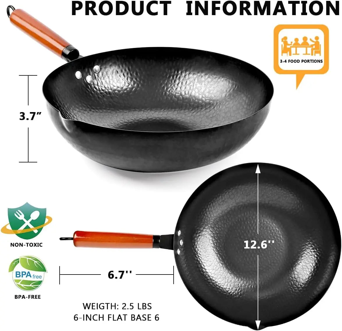 Carbon Steel Wok Pan Set With Wooden Lid And Utensils
