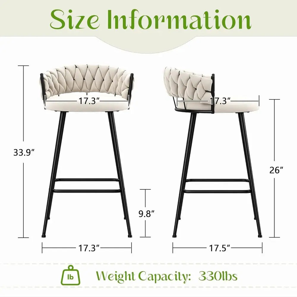 Metal Bar Stools Set of 4 Woven Backed Velvet Seating