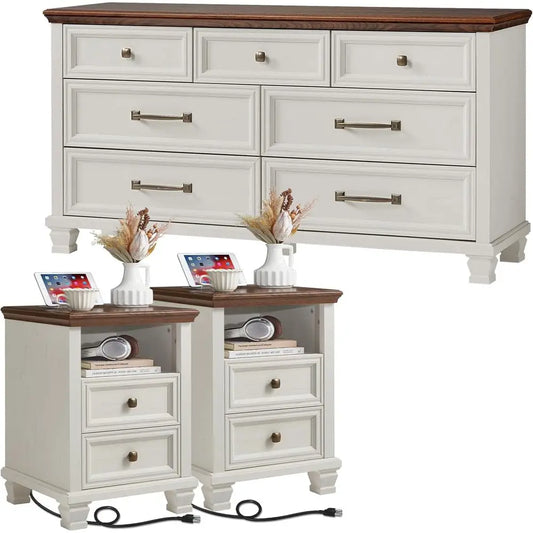 Rustic White Wood Bedroom Furniture Set With 7 Drawer Dresser And 2 Nightstands