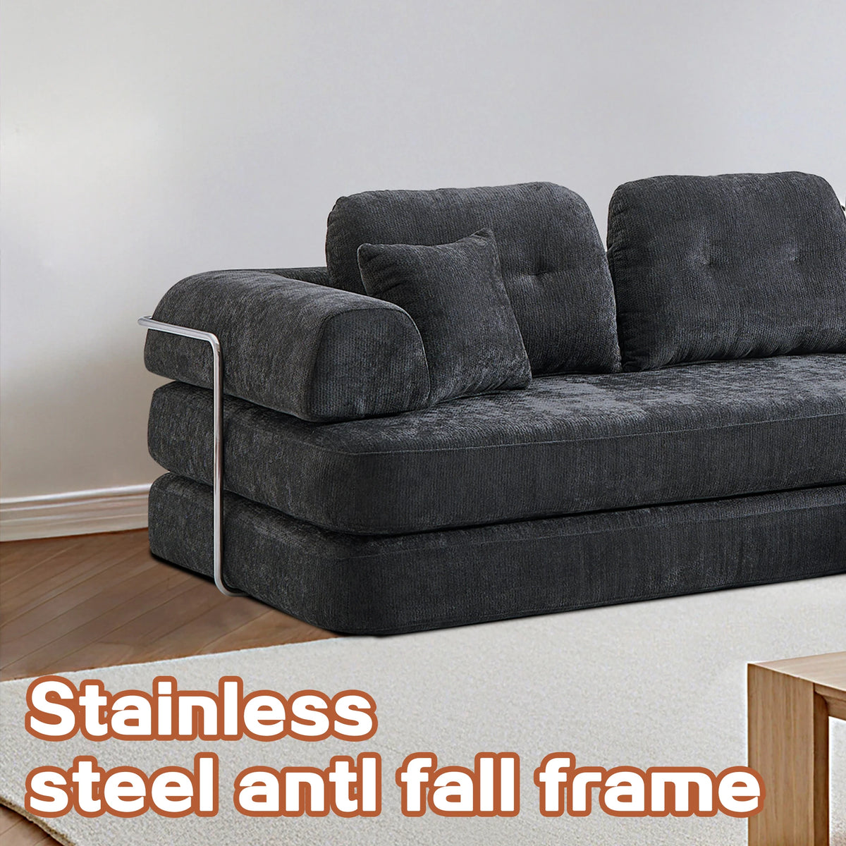 Boneless Foldable Convertible Chenille Futon Sleeper Sofa With Chaise