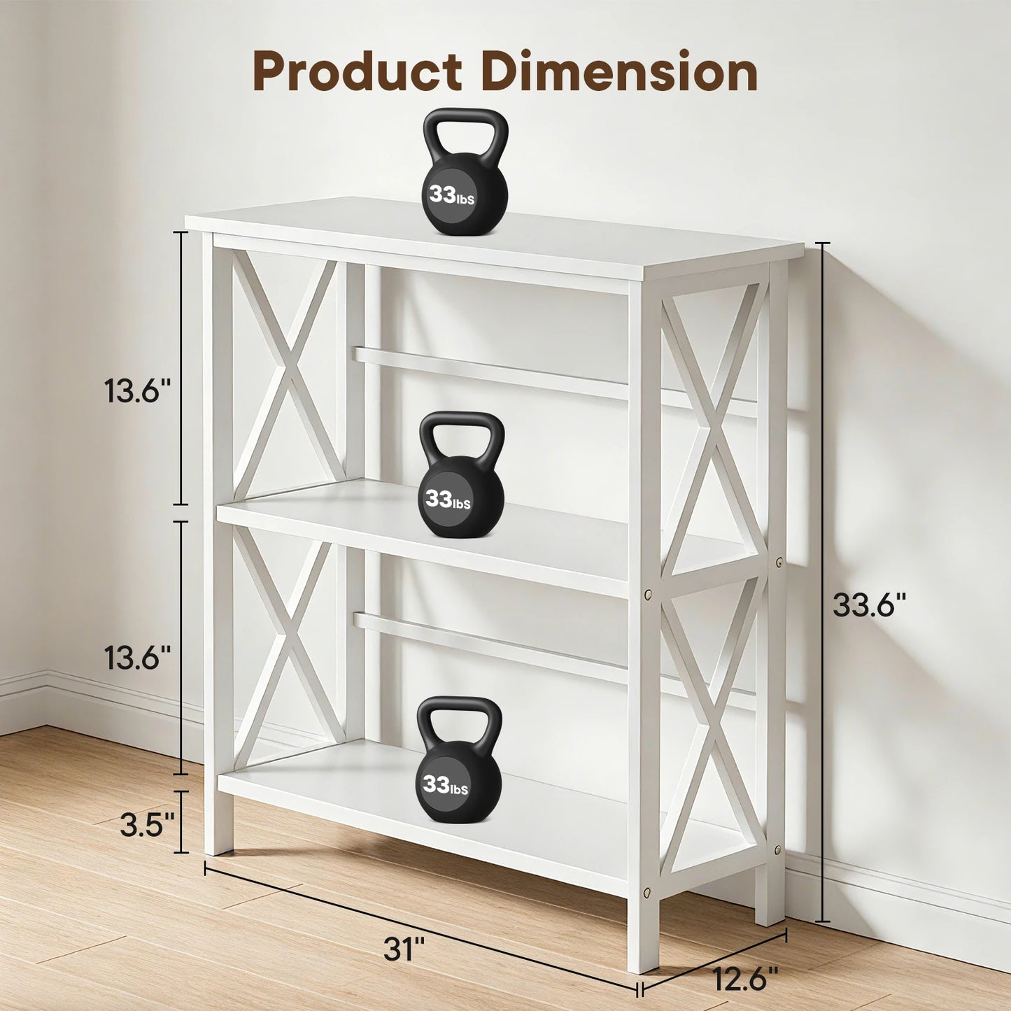 JHK 3 Tier Bookshelf with Wood Shelves and X Design