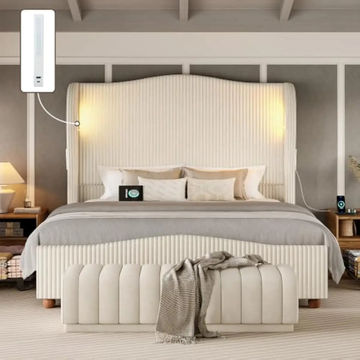 Upholstered Bed With Tall Wingback Headboard, LED Lighting And Storage