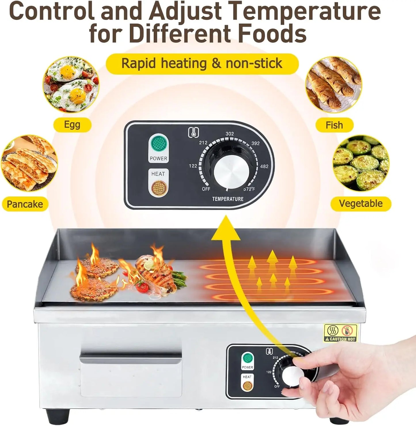 XMSJ 1500W Commercial Stainless Steel Electric Griddle Adjustable Temperature