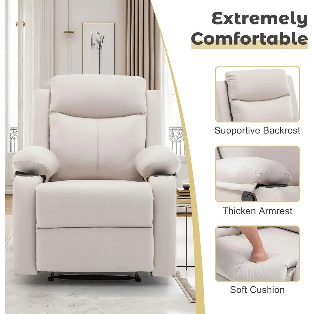 Manual Recliner Chair With Adjustable Backrest And Cup Holders