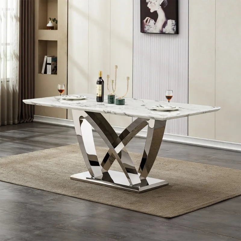 Dutrieux Luxury 6 Person Dining Table Modern Gold Legs Faux Marble