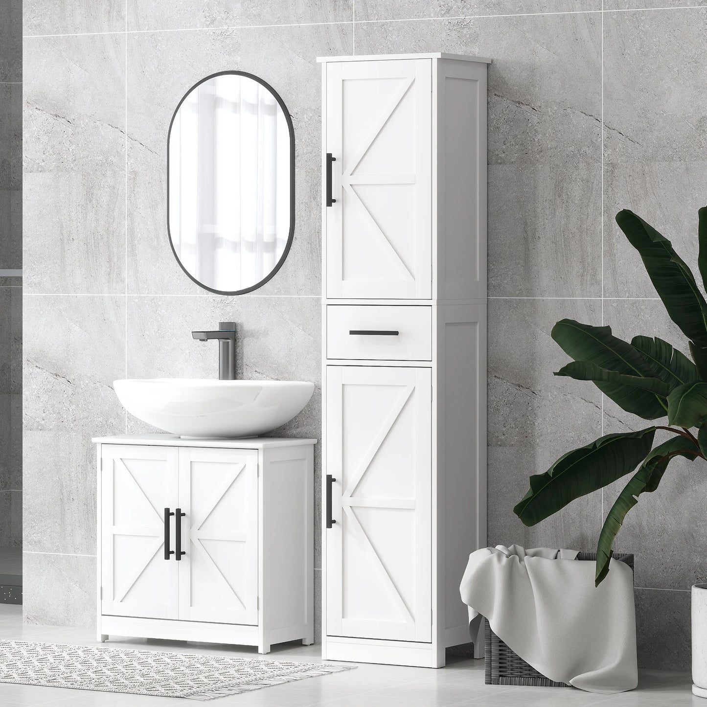 HOMCOM Farmhouse Narrow Bathroom Cabinet With Drawer And Barn Doors