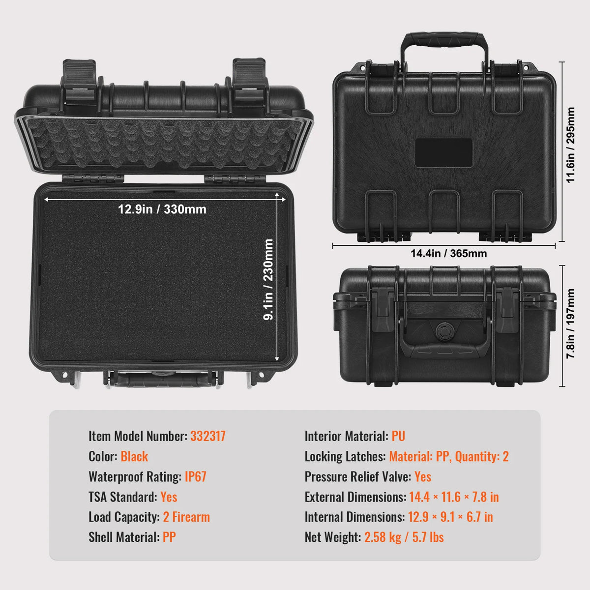 Succebuy Waterproof Hard Pistol Case With PU Foam Lining