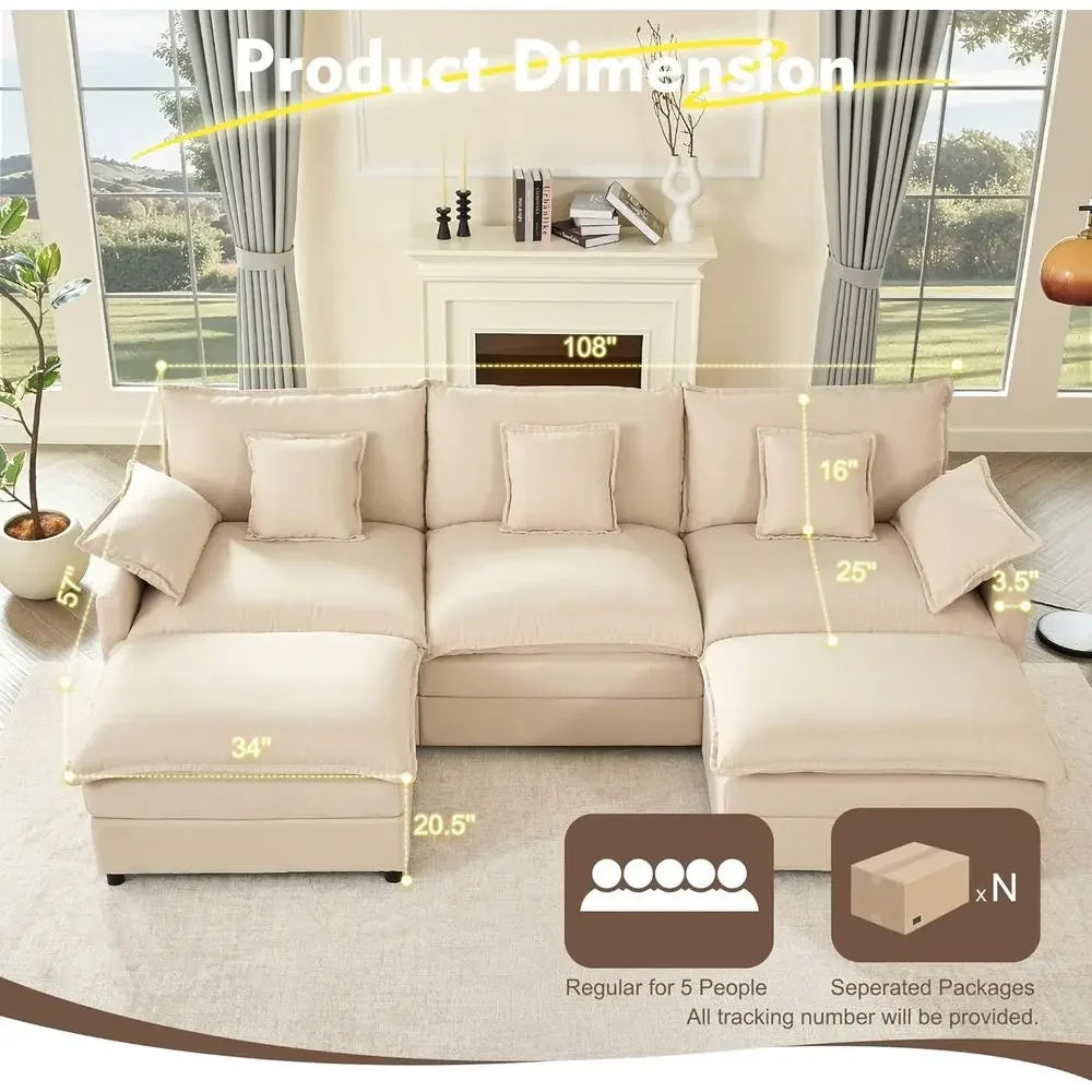 Modular Sectional Sofa Set With Movable Ottoman And Deep Seats