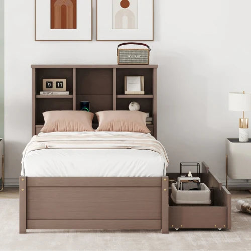 Bed Frame With USB Port On Bookcase Headboard And Drawers