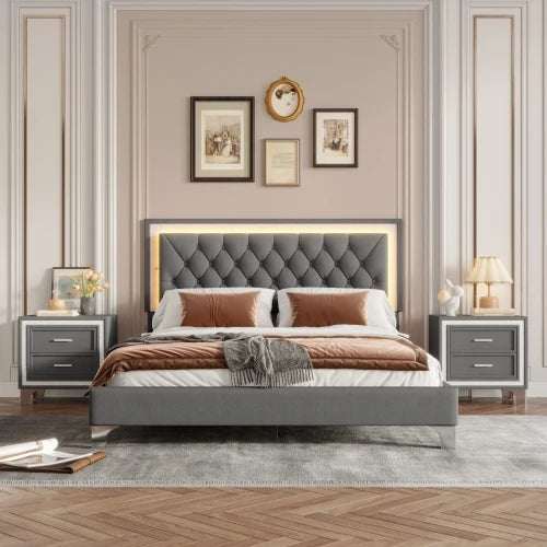 Queen Size Upholstered Platform Bed With LED Lights And Nightstands