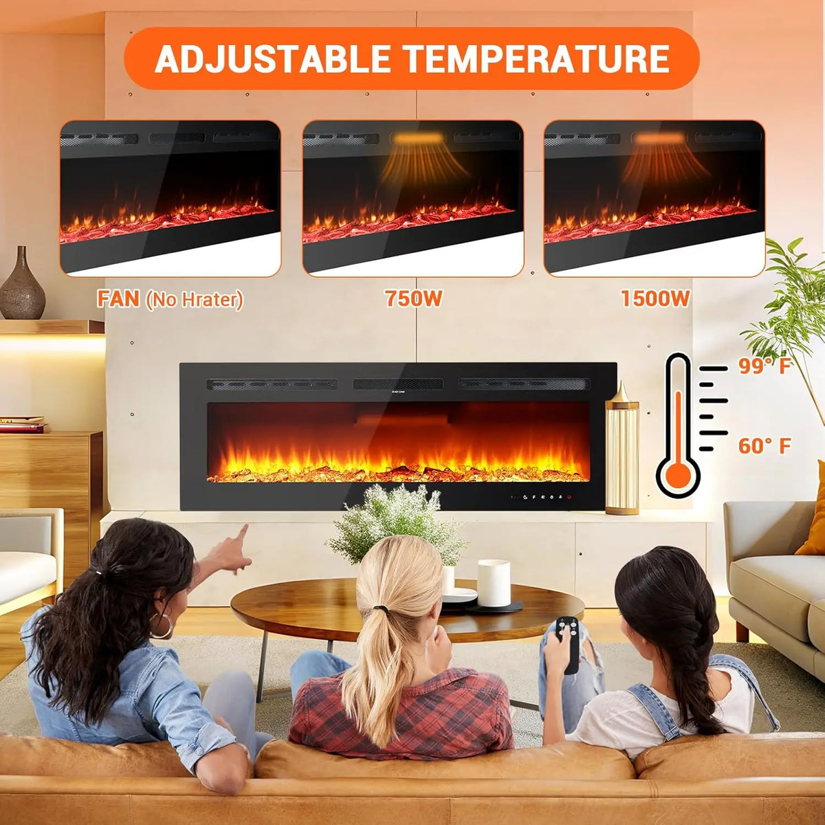 Acekool Electric Fireplace With Remote Wall Mounted Heater