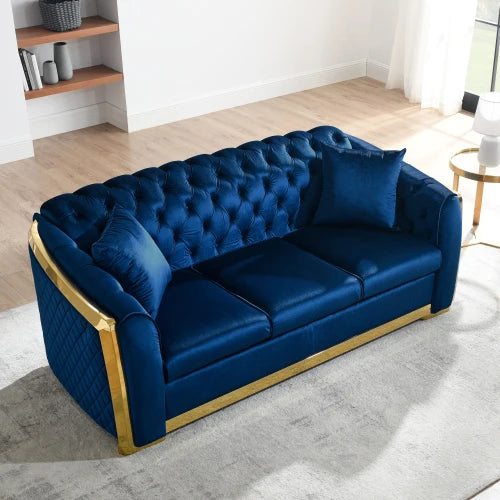 Luxury Velvet Chesterfield Sofa Set with Tufted Stainless Steel Accents