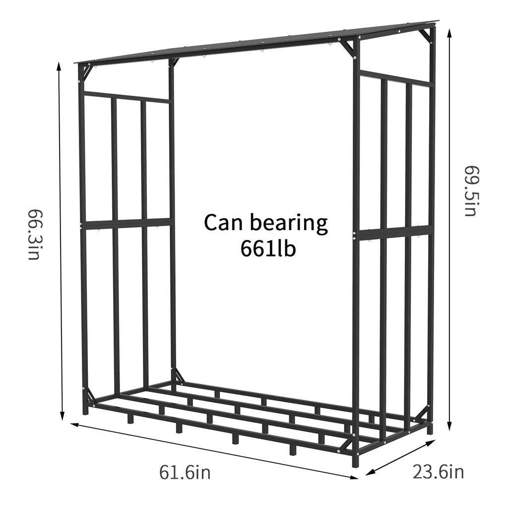 Outdoor Metal Firewood Log Storage Rack With Waterproof Roof