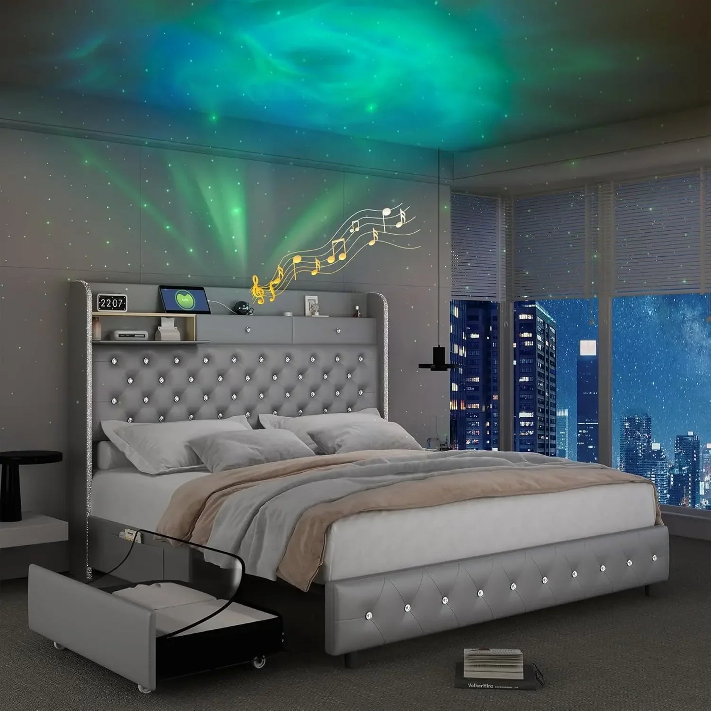 LED Bed Frame Galaxy Aurora Star Projector And Charging Station
