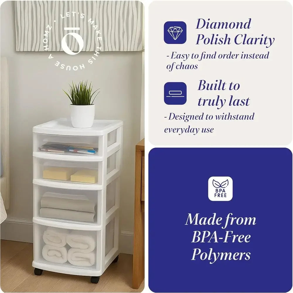 4 Tier Clear Plastic Storage Cart With Wheels Two Pack