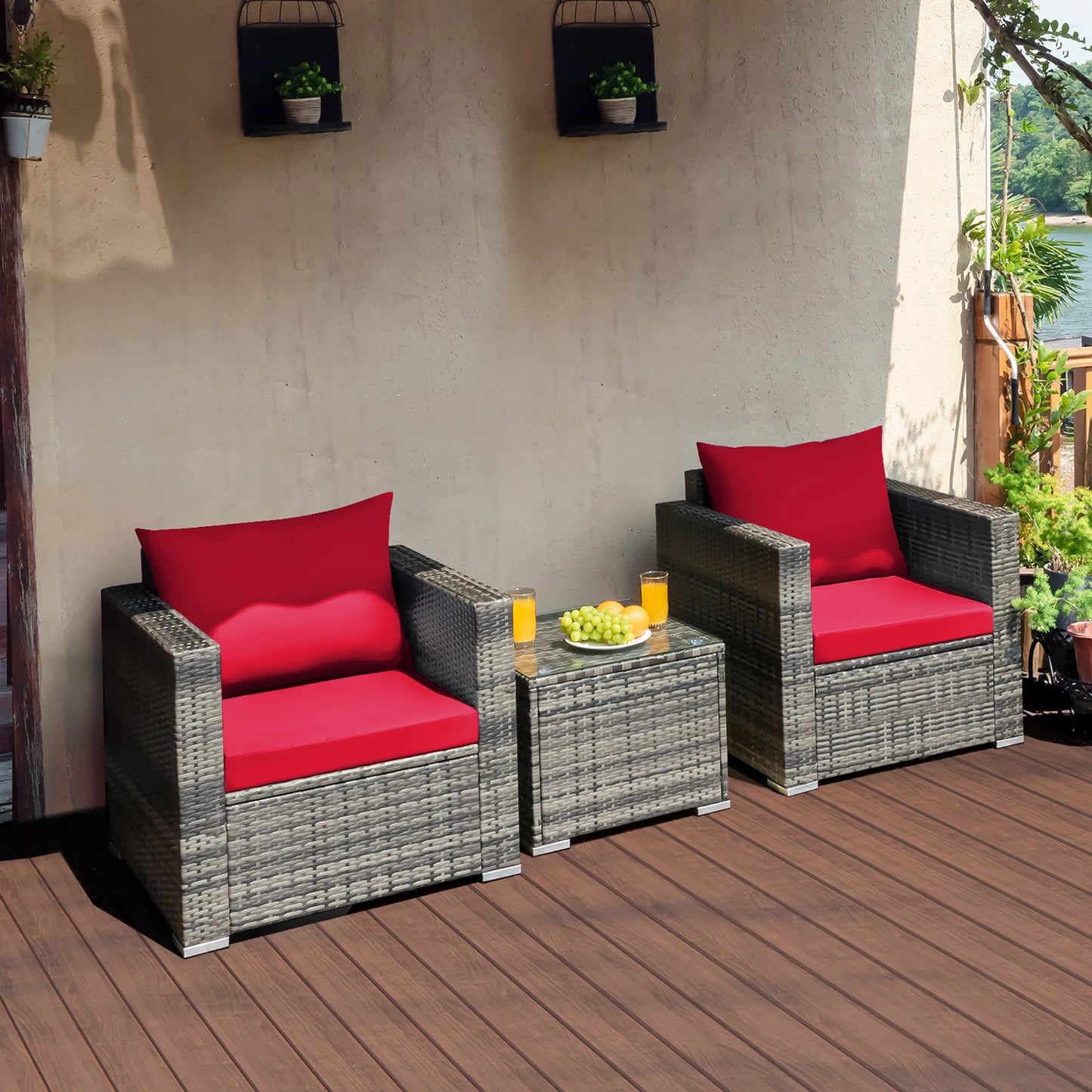 HOMASIS 3 Piece Patio Rattan Bistro Set With Cushioned Sofa