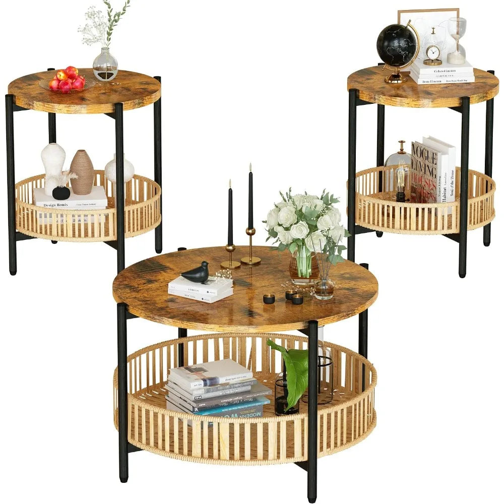 Rattan 3-Piece Coffee Table Set With Two-Tier Round Frame