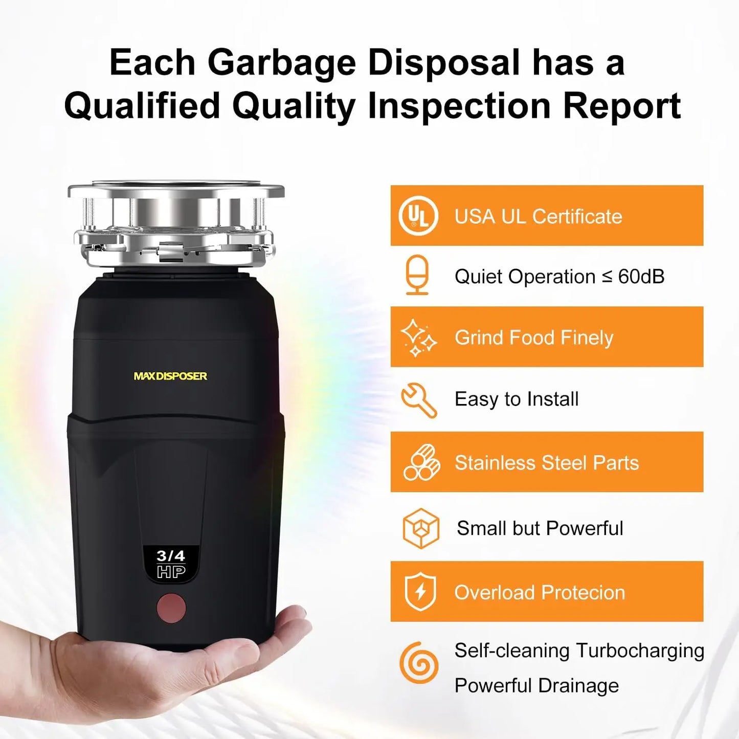 XMSJ 3/4 HP Garbage Disposal For Kitchen Sink Quiet With Power Cord
