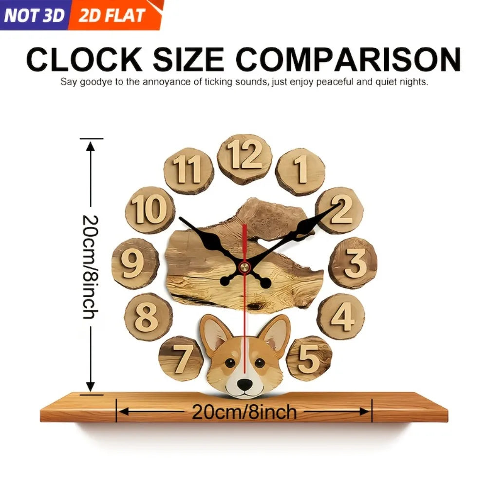 Corgi Themed Wooden Wall Clock Silent Decorative 2D Print