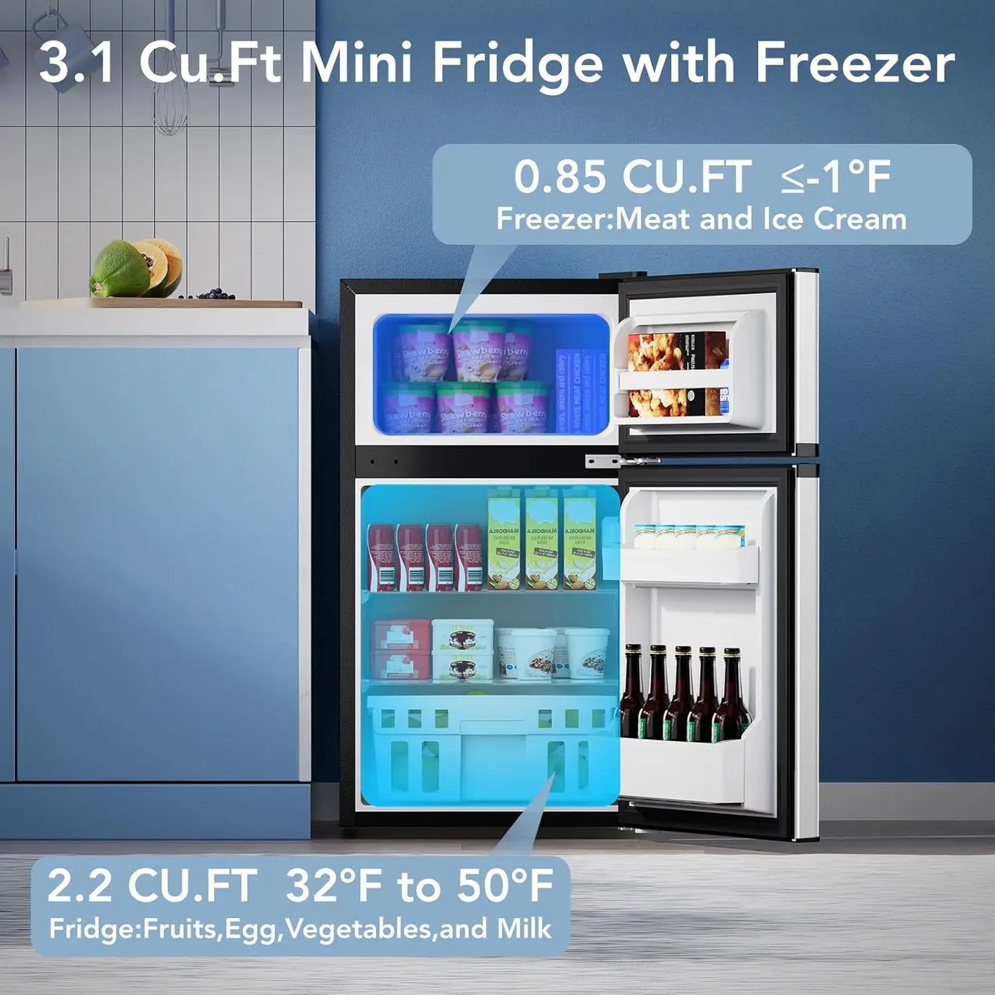 XMSJ 3.2 Cu Ft Mini Fridge with Freezer Two-Door Compact