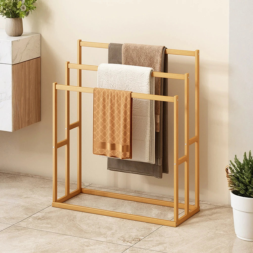 Wooden Vertical Towel Rack With 3 Hanging Crossbars For Bathroom
