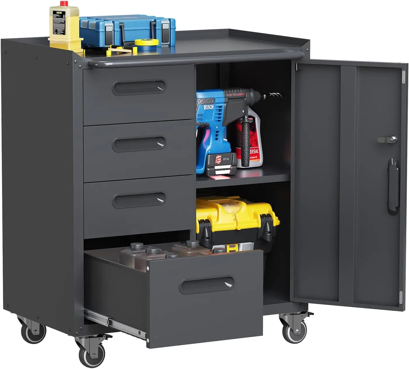 Metal Garage Storage Cabinet With Wheels Four Drawers Locking Door Tool Cabinet