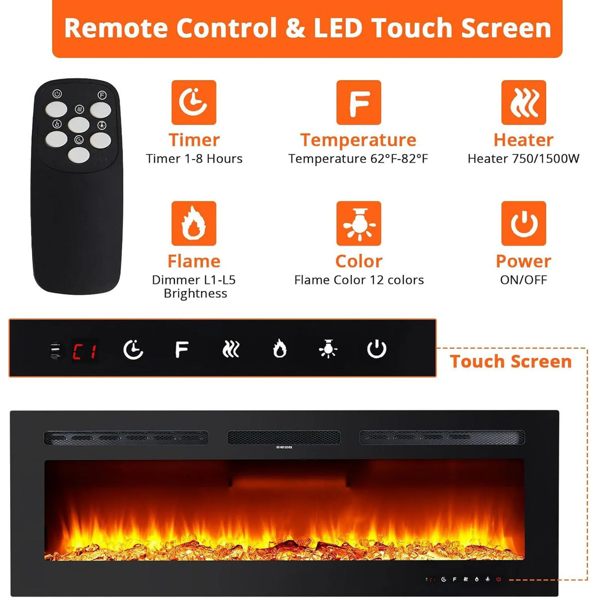 Adoolla Wall Mounted Recessed Electric Fireplace With Remote Control