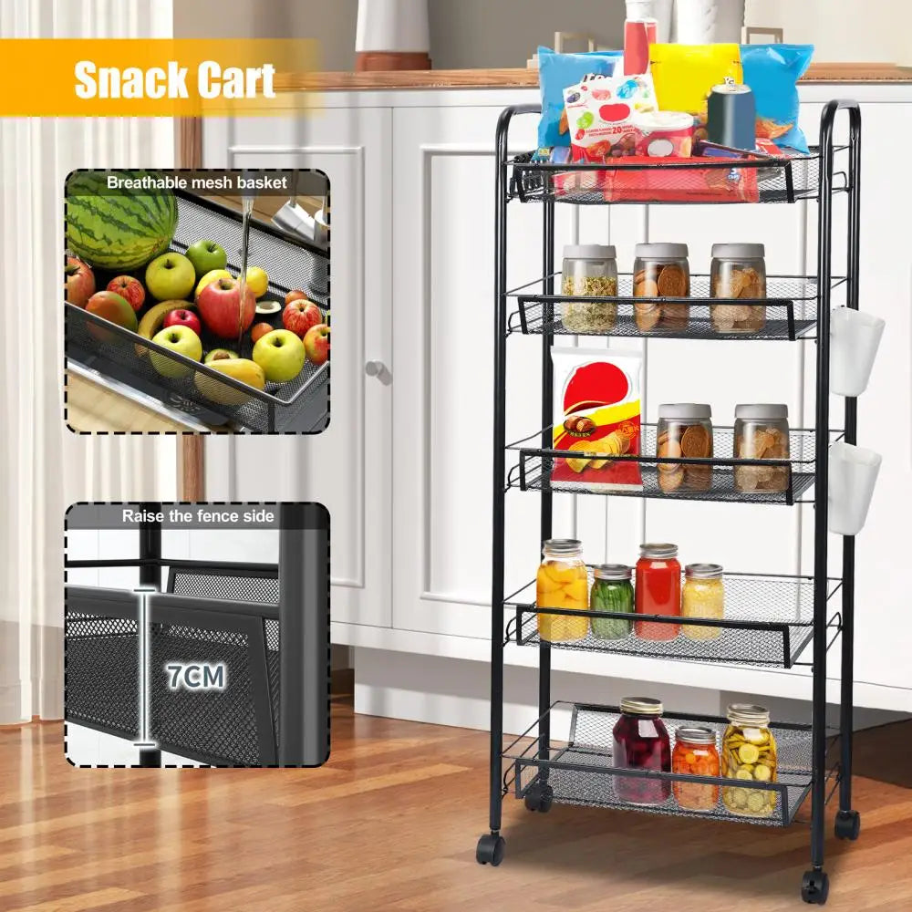 Five Tier Stackable Metal Mesh Fruit and Vegetable Storage Basket with Wheels
