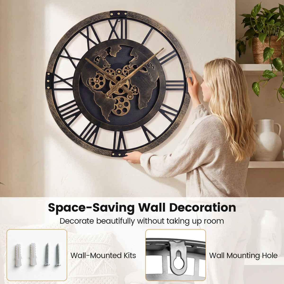 HOMASIS Silent Decorative Metal Gear Wall Clock With World Map