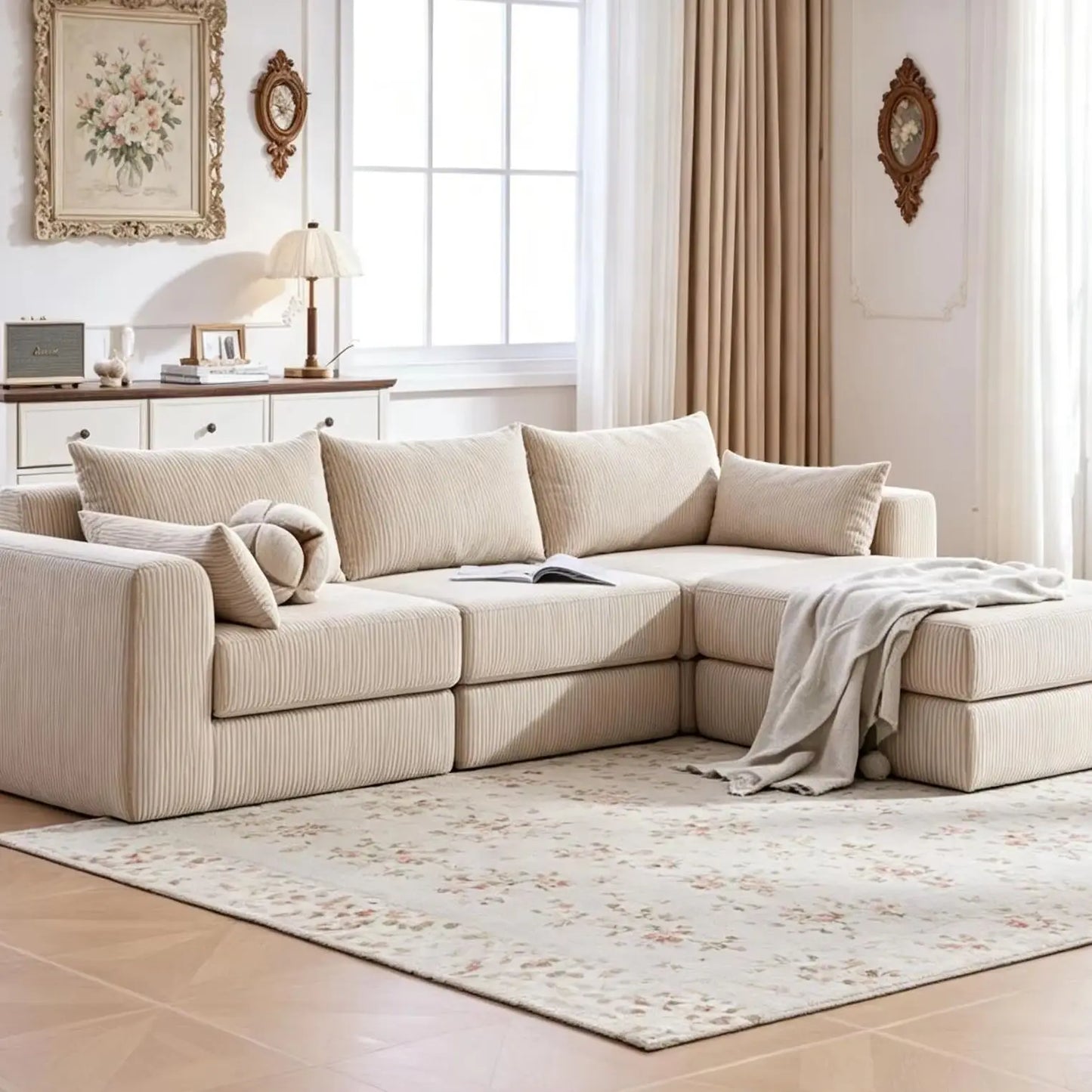 Modular L Shaped Upholstered Sectional Sofa With Five Pillows