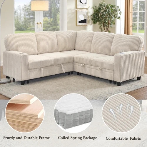 L Shaped Sectional Sofa Bed With USB Charging And Storage