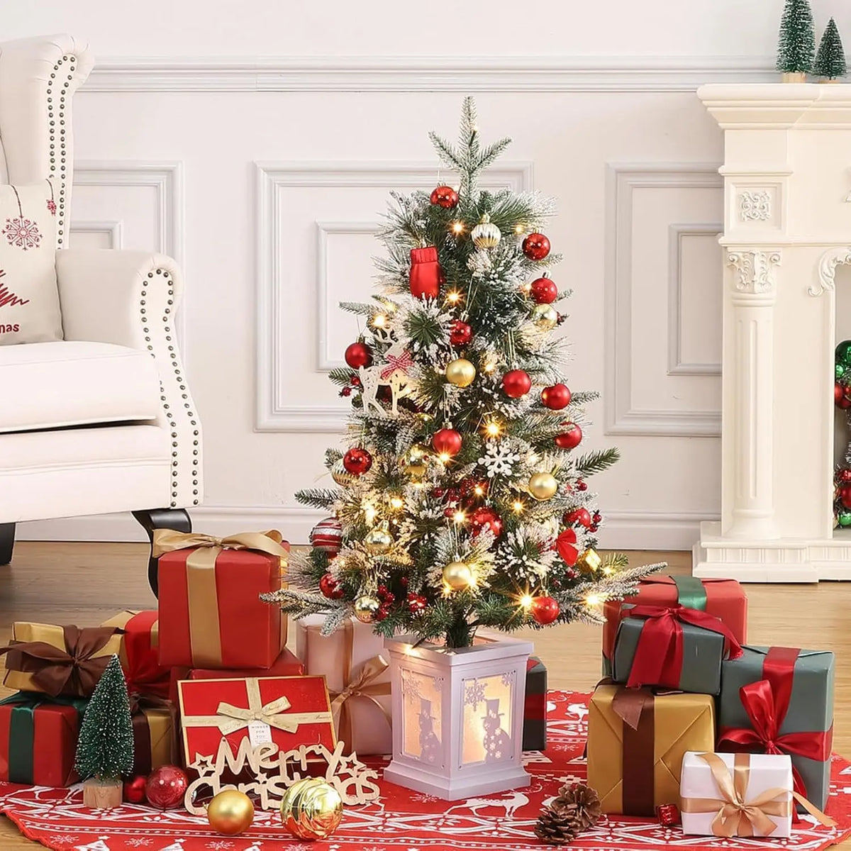 HiMISS Two Piece Prelit Flocked Christmas Trees With Potted Bases