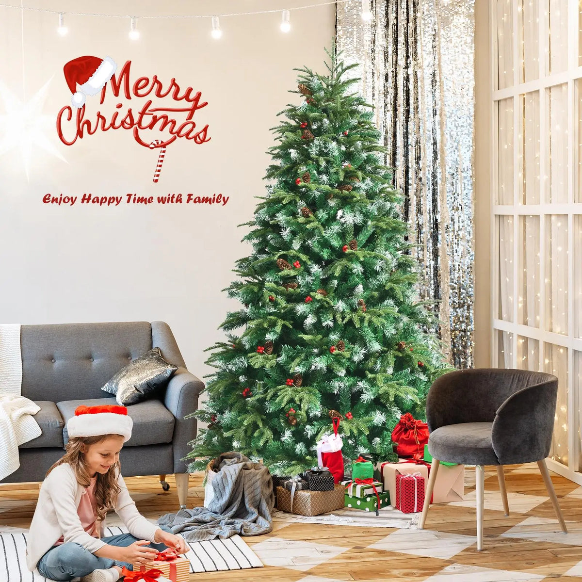 LIFEZEAL Pre Lit Artificial Christmas Tree With Snowy Pine Design