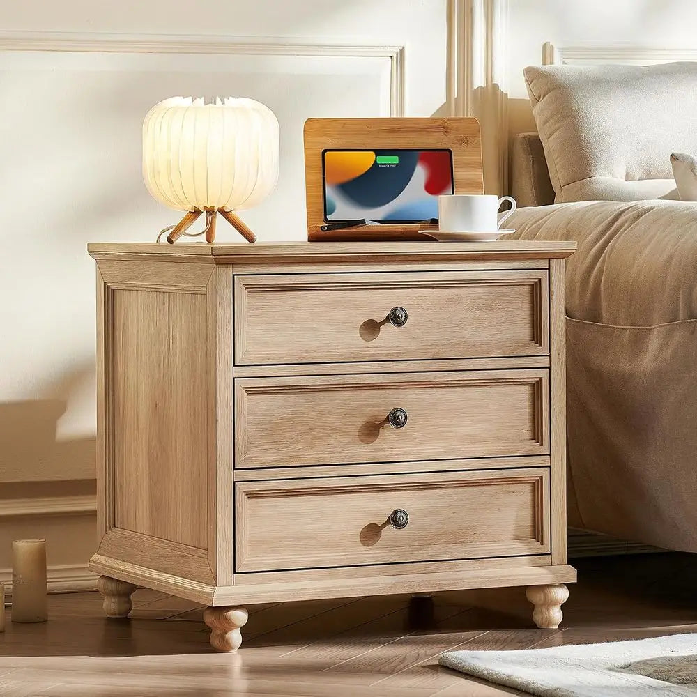 Farmhouse Nightstand Set of 2 with Three Drawers Metal Handles