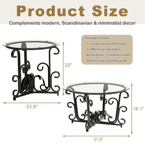 Three Piece Coffee Table Set With Tempered Glass Metal Frame