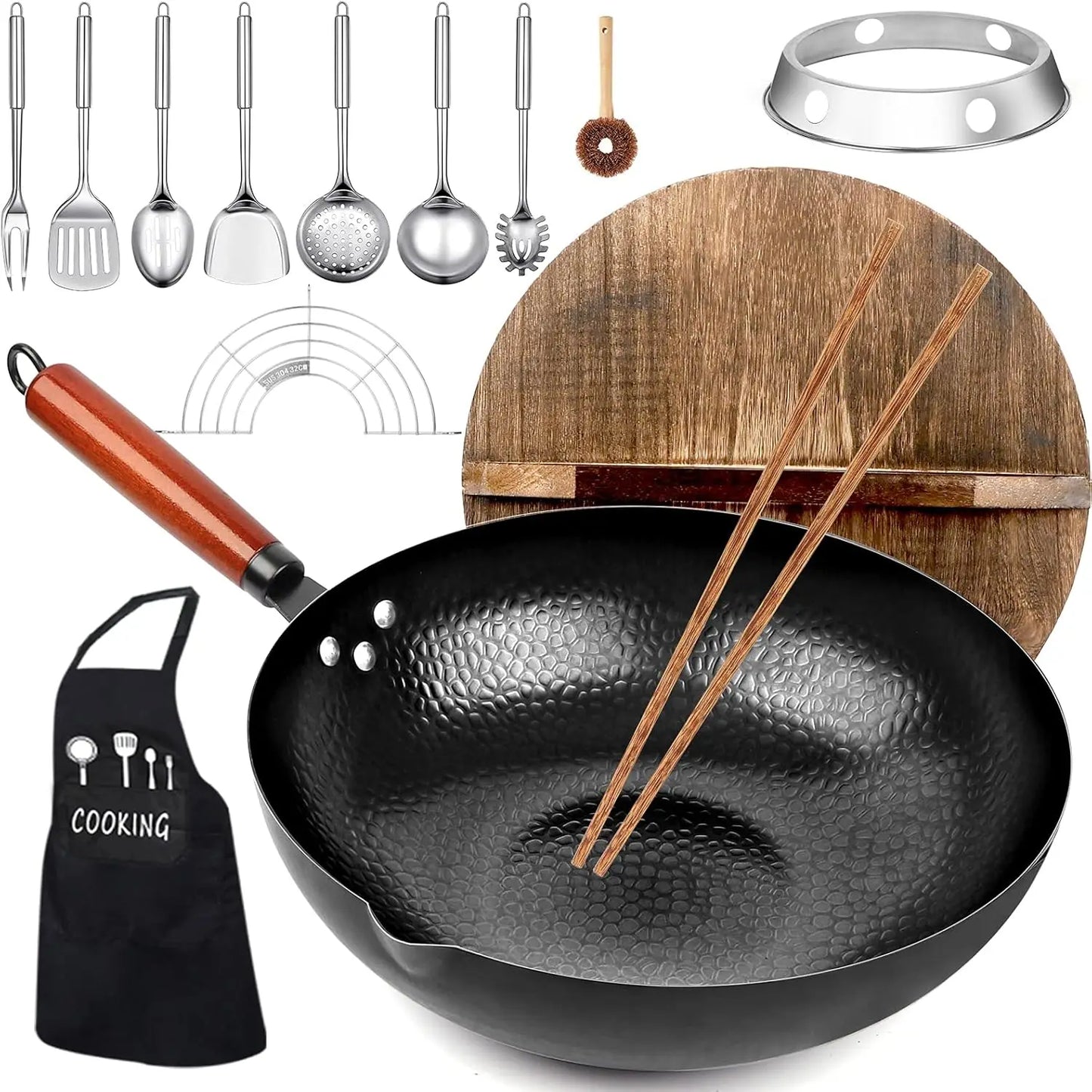 Carbon Steel Wok Pan Set With Wooden Lid And Utensils