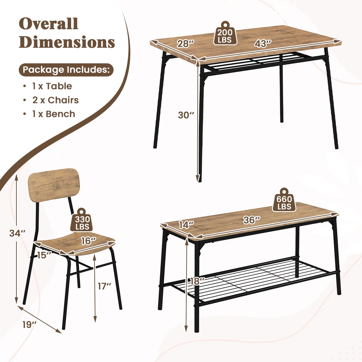 HOMASIS 4 Piece Dining Table Set Bench And Two Chairs