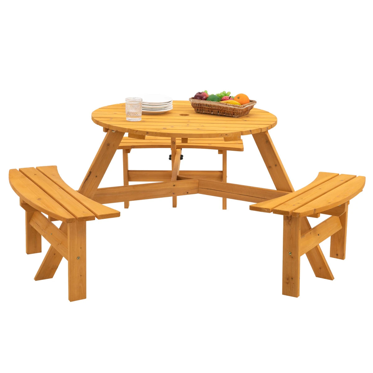 Wooden Outdoor Picnic Table With Built In Benches For Garden